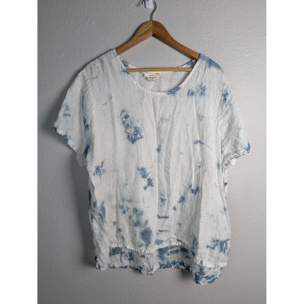 C&C California Tunic Blouse Womens 2X White Linen Ruffle Colorblock Relaxed